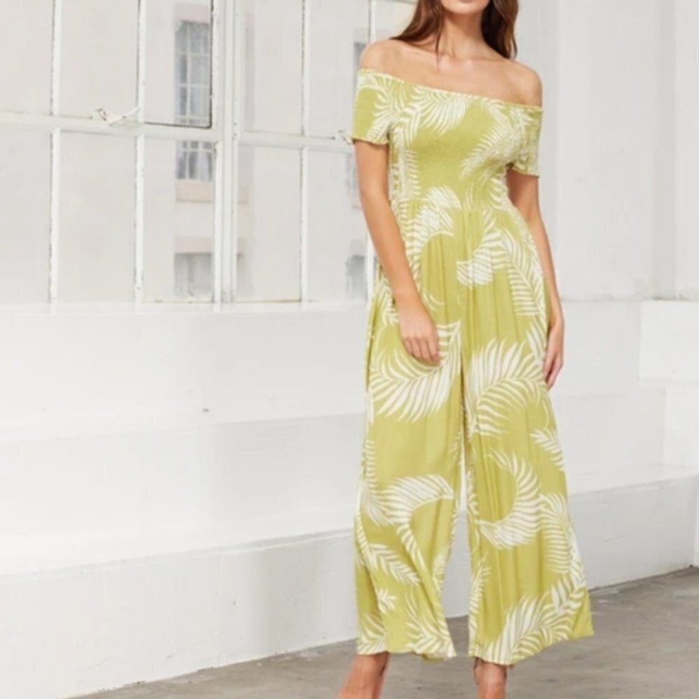 Cleobella Green White Palm Tree Off the Shoulder Wide Leg Jumpsuit